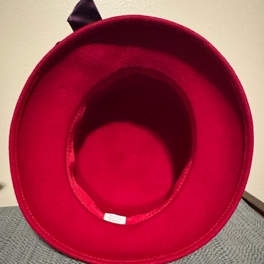 Vintage Church Hat Women's Red 100% Wool Purple Silk Bow Feather Rare - Picture 5 of 5